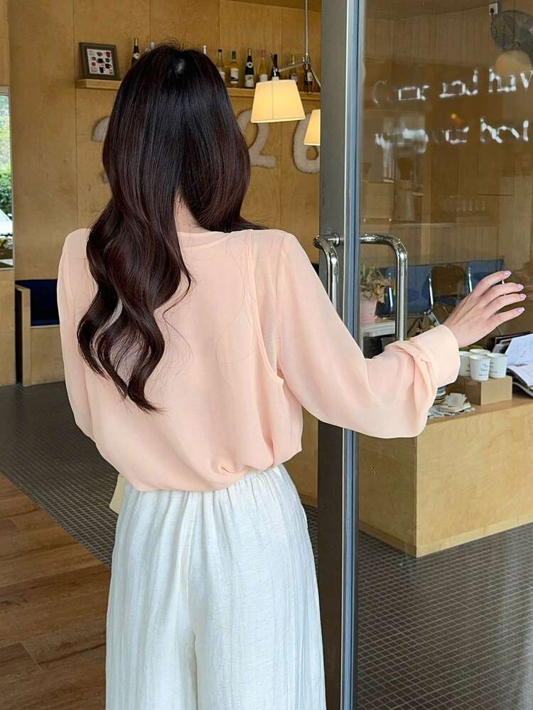Beaded Chiffon 2 In 1 Long Sleeve Round Neck Casual Vacation Blouse For Women, Spring/Summer