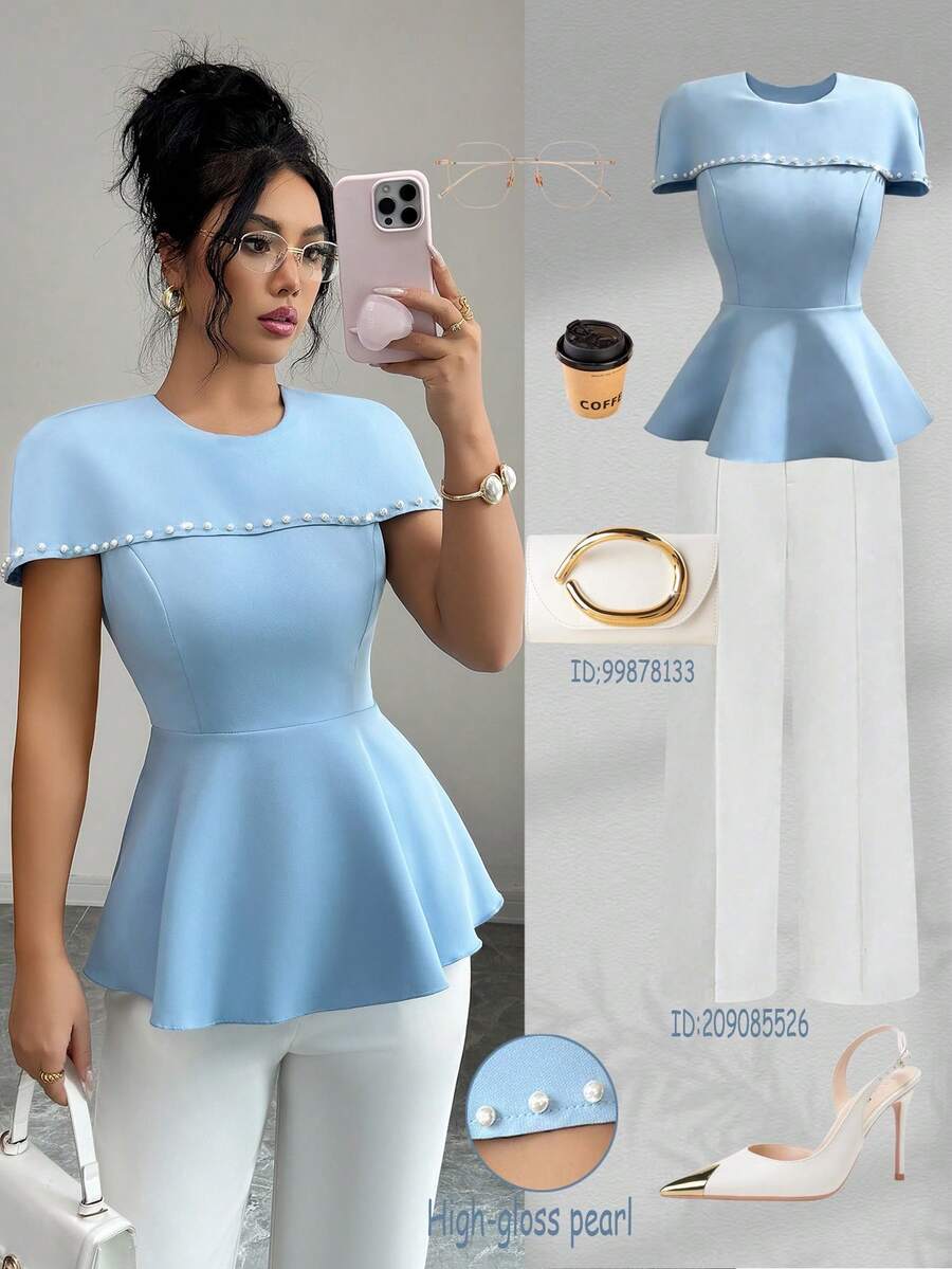Elenzga New Spring/Summer Elegant Casual Chic Pearl Design Waist Cinched A-Line Blouse, Women Tops - Blue - View 1