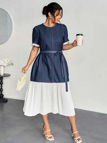 Firerie Plus Size Color Block Short Sleeve Denim Dress,Summer,Valentine's Day, Elegant Casual Vacation Spring Outfit For Women, Spring Dress For Women - Blue - View 4
