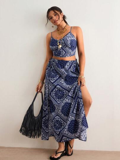 Freevana 大码女式佩斯利印花吊带背心和半裙休闲度假两件套