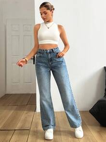 EURMUSE 100% Cotton Women's Denim Pants With Embroidery Detailed - Medium Wash - View 4