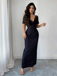 SHEIN Elenzya Urban Chic 新款女士黑色波点V领蕾丝装饰收腰中长连衣裙，适合日常穿着、婚礼、晚宴、通勤、毕业派对、节日、约会、聚会、万圣节、圣诞节、新年、感恩节等场合。 - 黑色 - 查看 8