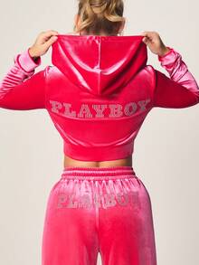 Missguided x Playboy Pink Velour Rhinestone Zip Front Crop Hoodie Long Sleeve Casual Top Fall Winter Comfort - Hot Pink - View 2