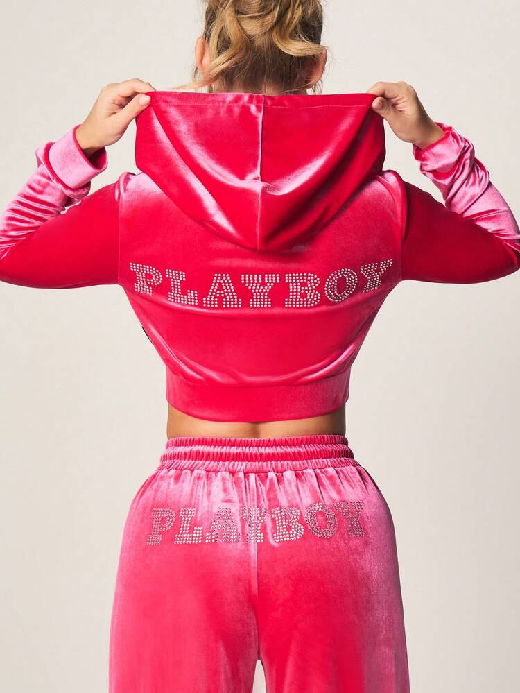 Missguided x Playboy Pink Velour Rhinestone Zip Front Crop Hoodie Long Sleeve Casual Top Fall Winter Comfort