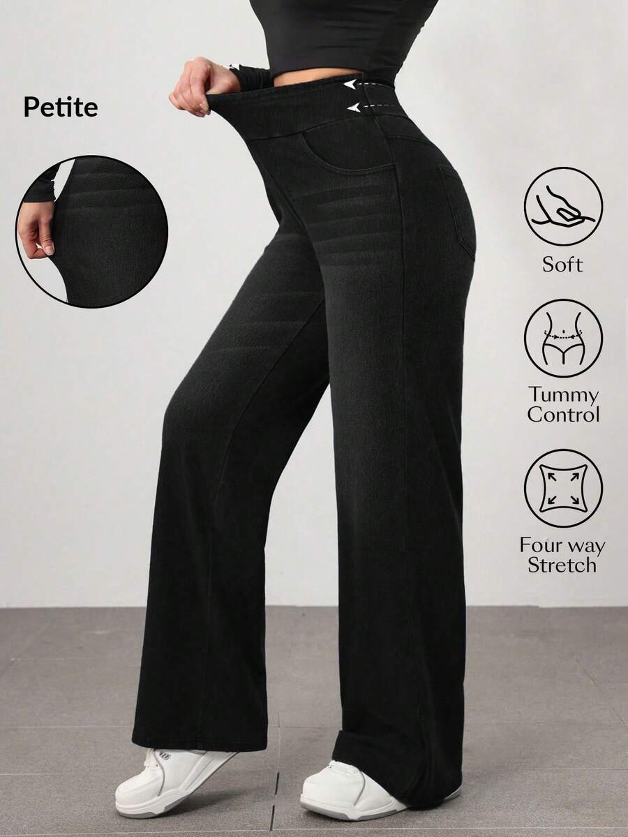 Flexra Petite Solid Color Elastic Waist Casual Versatile Jeans Custom-Designed For Petites. A Perfect Fit For The 150-160cm Build - Black - View 1