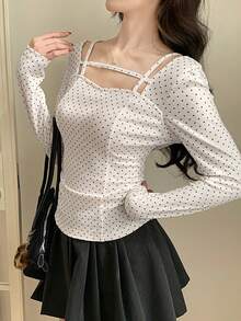 FRIFUL 女士甜心领吊带长袖修身波点T恤 - 杏色 - 查看 2