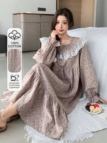 DAZY Floral Lace Ruffle Trim Loose Long Women Nightgown - Pink - View 1