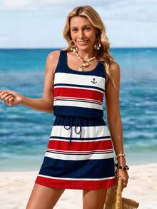 Sylviya Đầm ngắn nữ màu xanh hải quân in hình mỏ neo và sọc, thích hợp cho mùa xuân/hè, đầm sọc mùa hè, thích hợp đi chơi, đầm thanh lịch, đầm đi nghỉ mát. - Nhiều màu - Xem 3