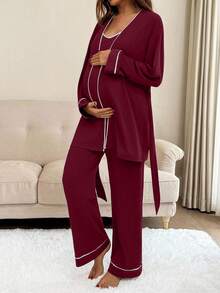 SHEIN 2pcs Nursing Contrast Trim Spaghetti Strap Jumpsuit & Romper Set - Burgundy - View 6