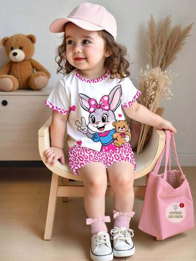 2pcs/Set Baby Girl Casual Cute Rabbit, Bear, Heart, Pink Leopard Print Pattern Round Neck Short Sleeve T-Shirt And Shorts Set, Suitable For Spring/Summer, Daily Wear, Vacation, Outings Toddler Girl Shorts Set Toddler Cartoon Bunny Outfit Baby Girl Graphic Tee Set Toddler Girl Clothes Cartoon Baby Girl Clothes Summer Cotton