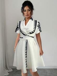 Rafferiza 女士夏季法式休闲度假简约翻领短袖交叉系带印花短款休闲连衣裙 - 杏色 - 查看 5