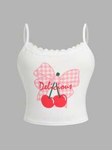 SHEIN Tween Girls Casual Homewear Fitted Lace Trim Collar Cherry Print Camisole And Plaid Loose Pants Set - Red and White - View 4