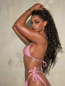 Swim SXY 1套女士纯色露背性感迷你罩杯上衣和蝴蝶结系带比基尼套装 - 粉色 - 查看 3