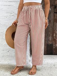 SHEIN VCAY Pantalones holgados de talla grande con cintura elástica y rayas - Marrón - Ver 6