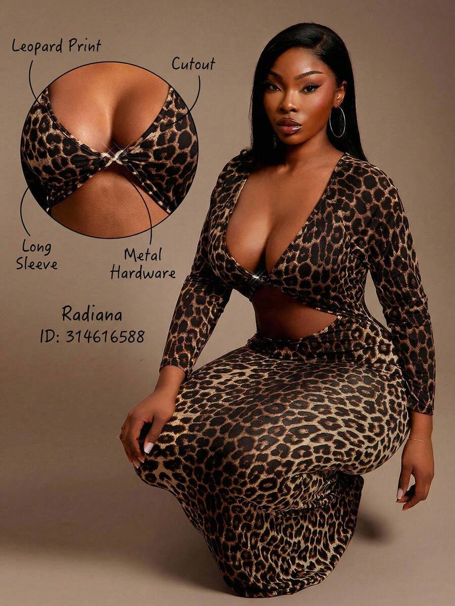 Radiana Plus Size Leopard Print Bodycon Dress With Deep V Neck Cutout And Long Sleeves In Knitted Fabric - Multicolor - View 1