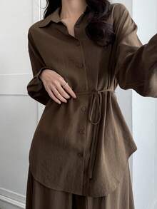 DAZY Women's Casual Vacation Tie-Waist Sleeveless Blouse And Skirt 2-Piece Set, Spring/Summer - Brown - View 1