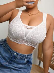 DesireSculpt Plus Size Women Romantic Sheer Lace Wireless Bra - White - View 6
