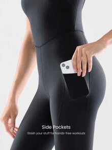 GLOWMODE 24" FeatherFit™-Air Feel Good Moves Buttery-Soft Stretchy Sweat-Wicking Removable Cups Side Pockets Open-Back Bodysuit Low Impact Yoga Gym Studio Daily Casual Wear - Black - View 6