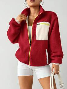Exploreva Chaqueta deportiva casual con bolsillo con cremallera, cuello alto y contraste de color, para otoño/invierno - Rojo - Ver 5