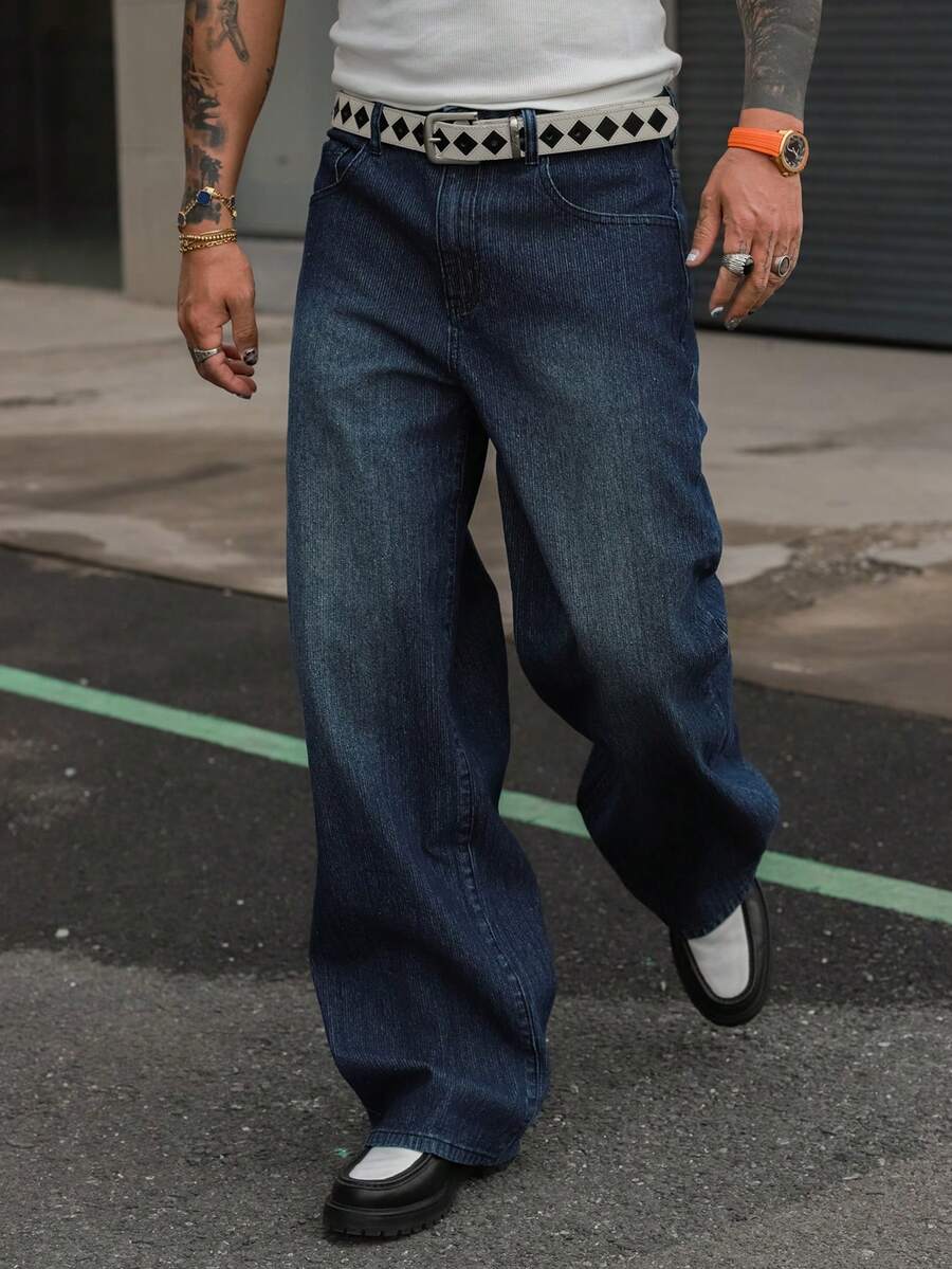 DAZY Spring Striped Textured Fabric Navy Blue Elastic Waist Men's Jeans - Navy Blue - View 1