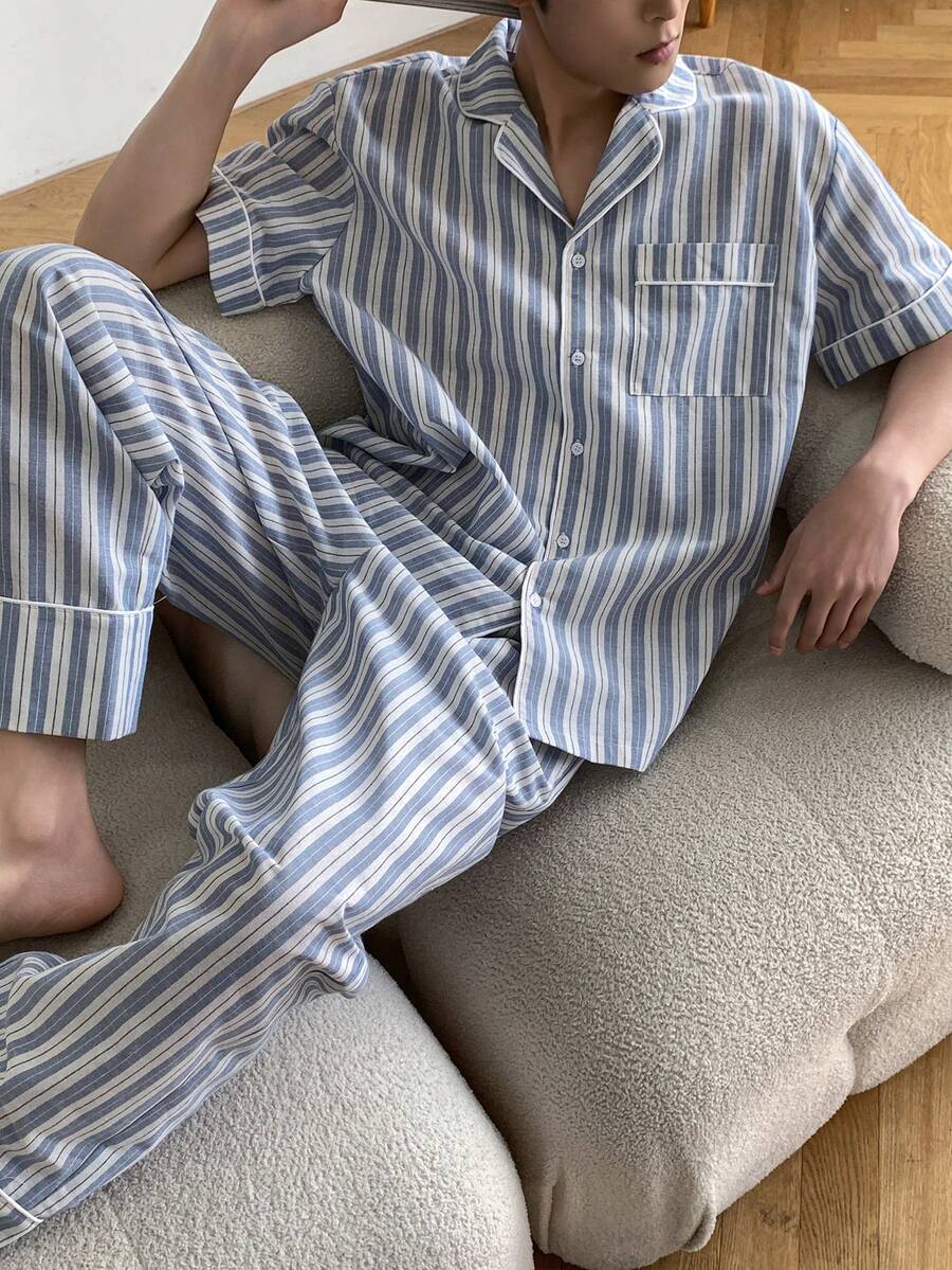 DAZY Mehrfarbiges gestreiftes Kurzarm Hemd und Hose Herren Pyjama Set, Frühling/Sommer - Verschiedenfarbig - Übersicht 1