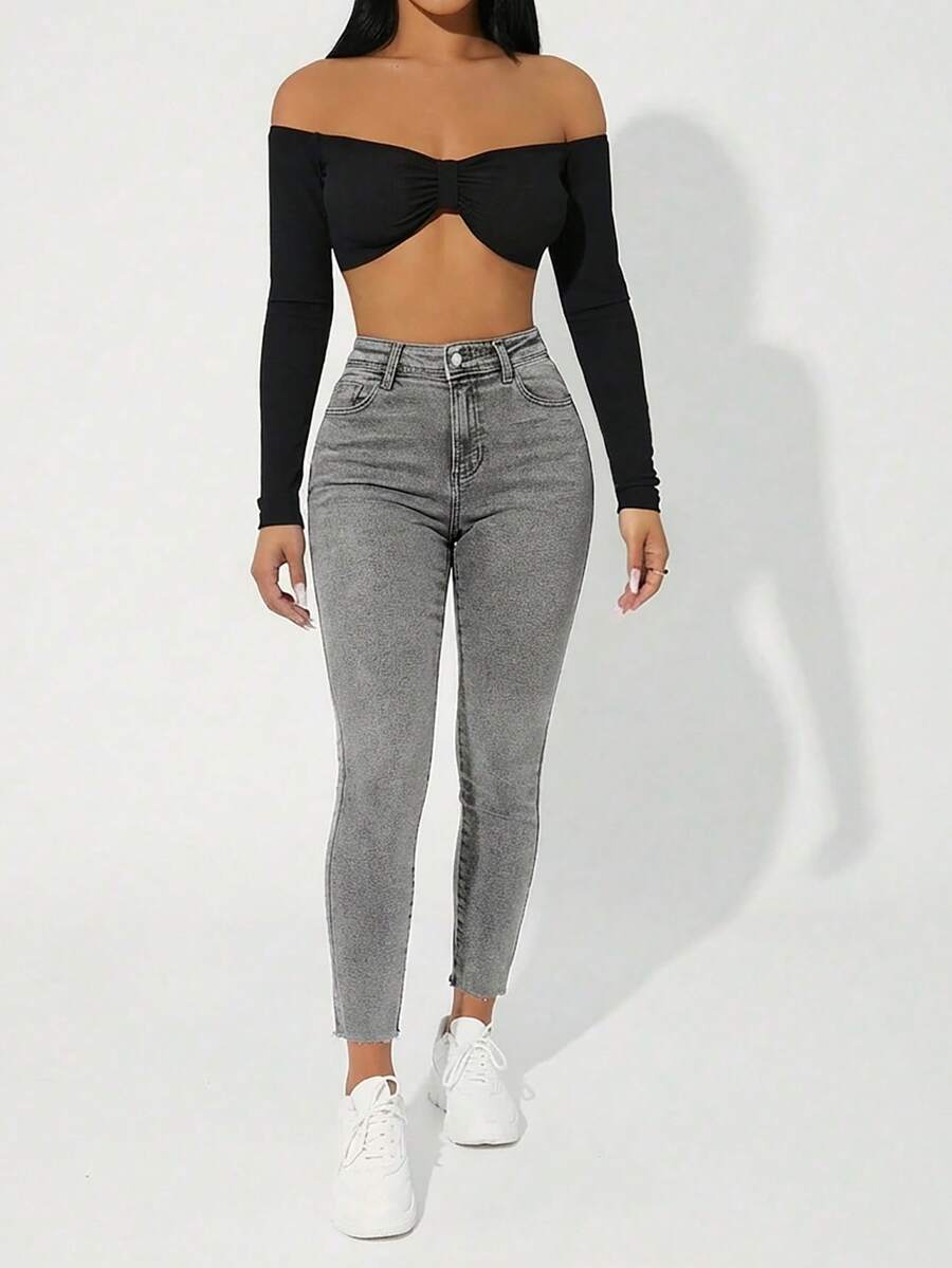 EURMUSE Casual Cropped Skinny Jeans - Light Grey - View 1