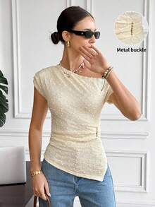 Serisse Women's Solid Color Asymmetric Hem Ruched Shoulder Fitted Fashion Blouse,Metal Buckle Pleated Waist Design,French Elegant Short-Sleeved Top, Elegant Slim-Fit Bubble Embellishment Design, Slimming Asymmetrical Shoulder Blouse, Cap Sleeve Top, Vacation,Holiday, Summer, Spring To Summer - Apricot - View 3
