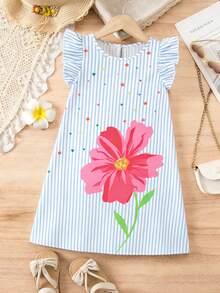 Tween Girl Fresh Blue & White Striped Floral Print Ruffle Sleeve Round Neck Dress - Multicolor - View 4