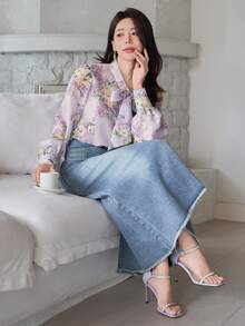 DAZY Women's Elegant Floral Print Tie Collar Blouse, Spring/Summer - Purple - View 7