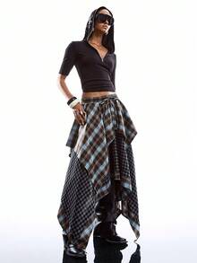 LYSMO 女士格子印花不对称下摆休闲半身裙 - 藍色 - 查看 7