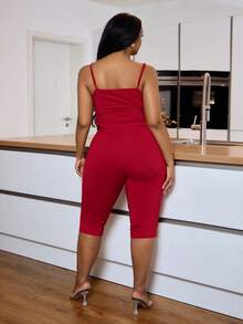 Veslaya Women's Plus Size Red Summer Satin Smart Casual Night Matching Set,Sleeveless Lace Trim Crop Top&High Waist Cropped Pants,Fitted Stretchy Knit Outfit - Burgundy - View 2