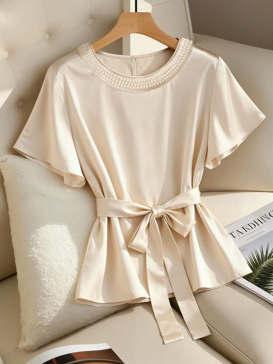 Lacomfia 大码优雅纯色圆领短袖系带衬衫 - 杏色 - 查看 1