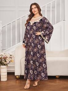 Al Najma Plus Size Middle Eastern Style Ornate Printed Long Sleeve Dress, Round Neck, Hollow Lace Trim Decor, Loose Comfortable Soft Digital Print Dress - Multicolor - View 6