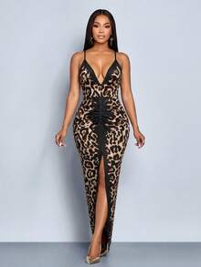 SOLERSUN 春夏女装：优雅休闲风，黑棕渐变豹纹印花，针织弹力面料，深V领，无袖，细肩带，臀部荷叶边，前开衩，长款连衣裙 - 棕色 - 查看 5