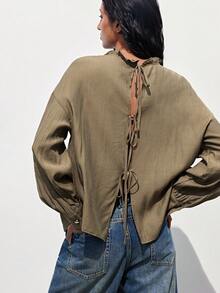 Maija Women's Casual Solid Color Ruffle Tie Front Blouse, Vacation,Spring/ Summer Tie Up Blouse - Army Green - View 3