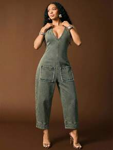Vixey Plunge Neck Cami Strap Harem Cuffed Denim Jumpsuit - Dark Wash - View 4