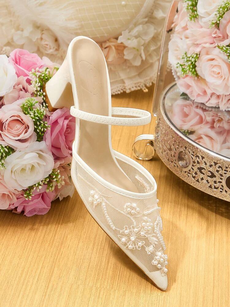 CUCCOO HITCHD Women Shoes Spring Summer Pearl Embroidery Pointed Toe Instep Sticking Heel Shoes Coarse Heel Mesh Women's Shoes Solid Color Women's High Heel Shoes Daily Commuter Dating Party