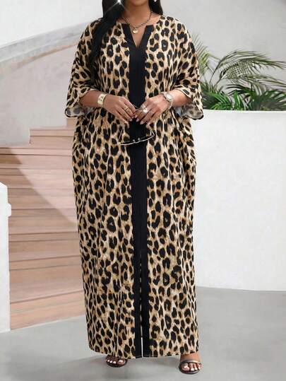 SHEIN Lady Plus Size Women Leopard Print V-Neck Casual Party Dress