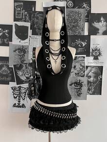 Attitoon 女士复古性感Y2K音乐节朋克露背连帽吊带上衣 - 黑色 - 查看 6