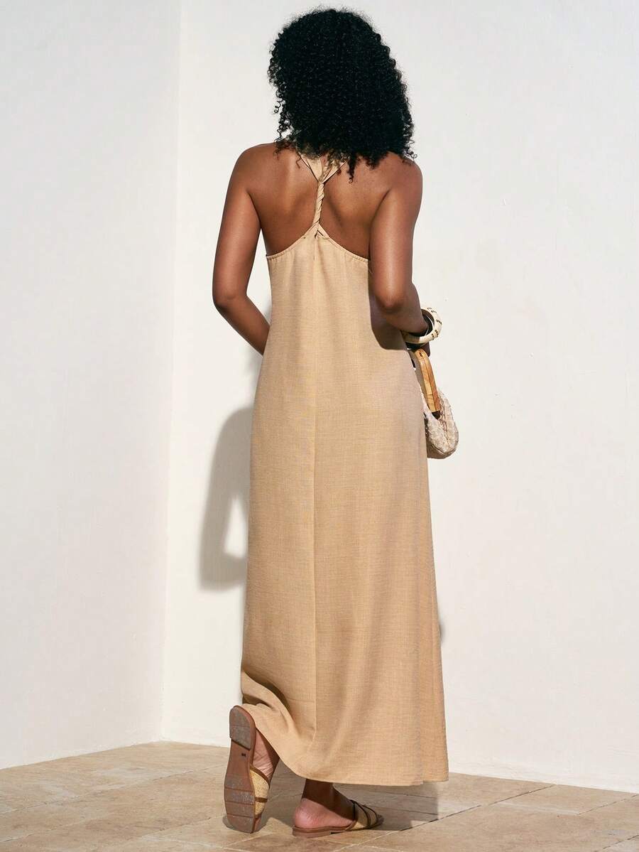 Zivah 2026 Spring & Summer New Music Festival, Easter, St. Patrick's Day, Valentine's Day, Date, Western, Nomadic, Birthday Party, Graduation, College, Student, Daily Wear, Basic Versatile, Casual, Vacation, Cruise Travel, Beach, Sunbathing, Viral , Streetwear, Wedding Guest, Boho, Commute, Brunch, Airport, Party, Holiday Outing, Office Wear Spaghetti Strap Twist Back A-Line Maxi Linen Dress In Apricot - Apricot - View 1