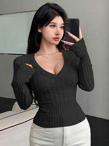 DAZY 女式 V 领短款麻花针织修身套头衫，秋季服装 - 黑色 - 查看 5
