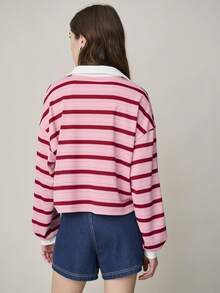 Nöista Polo oversize a rayas en color rosa y burdeos con cuello y cuello en color blanco contrastante. Primavera, verano para mujer, vacaciones, vacaciones casuales - Rosa - Ver 2