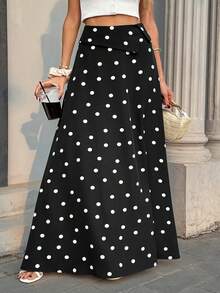 Pariaura Casual Black Polka Dot Print Maxi Skirt For Women Stylish Flared Design With Zipper Detail - Black - View 3