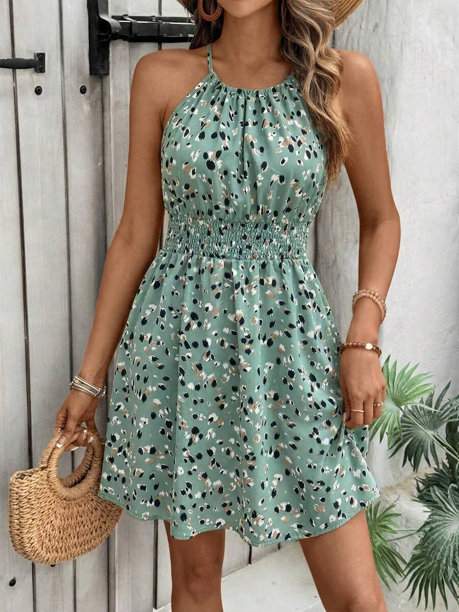 Breezaya Allover Print Cinched Waist Halter Neck Vacation Casual Dress - Cadet Blue - View 1