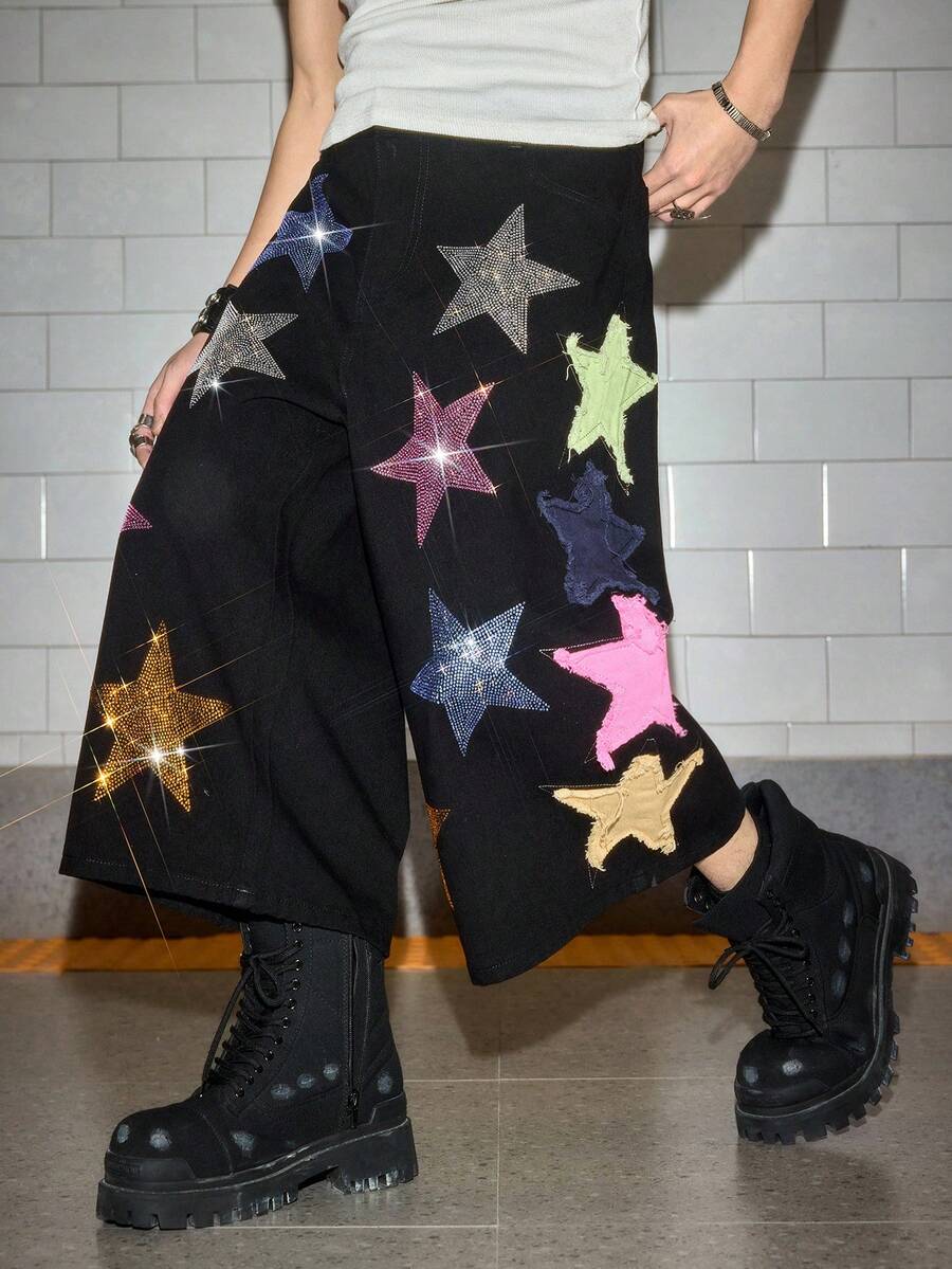 ROMWE MEN Grunge Punk Quần short denim nhiều màu đính đá lấp lánh cho nam - màu đen - Xem 1