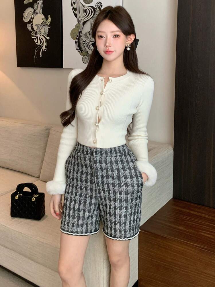 Spring & Summer Plaid Loose Casual Business Shorts, Suitable For Valentine's Day, Wedding, Commuting, Elegant For Women