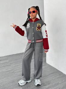 SHEIN 2pcs Tween Girl Contrast Patchwork Letter Bear Hooded Bomber Jacket And Pants Set, Streetwear - Multicolor - View 5
