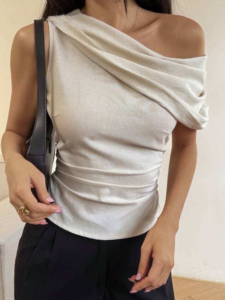 Women's Casual Solid Color Asymmetric Shoulder T-Shirt, Summer,Going Out Tops For Women Off The Shoulder