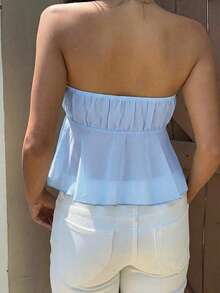 MainGRL New Summer Blue Cute Crop Top, Woven Ruched Bust Sleeveless Midriff-Baring Women Shirt - Blue - View 2