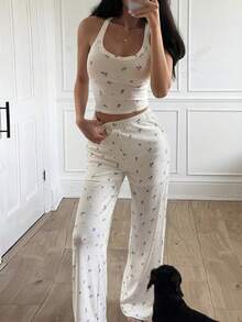 Livesso 2pcs Women Casual Printed Tank Top & Pants Set - Beige - View 2